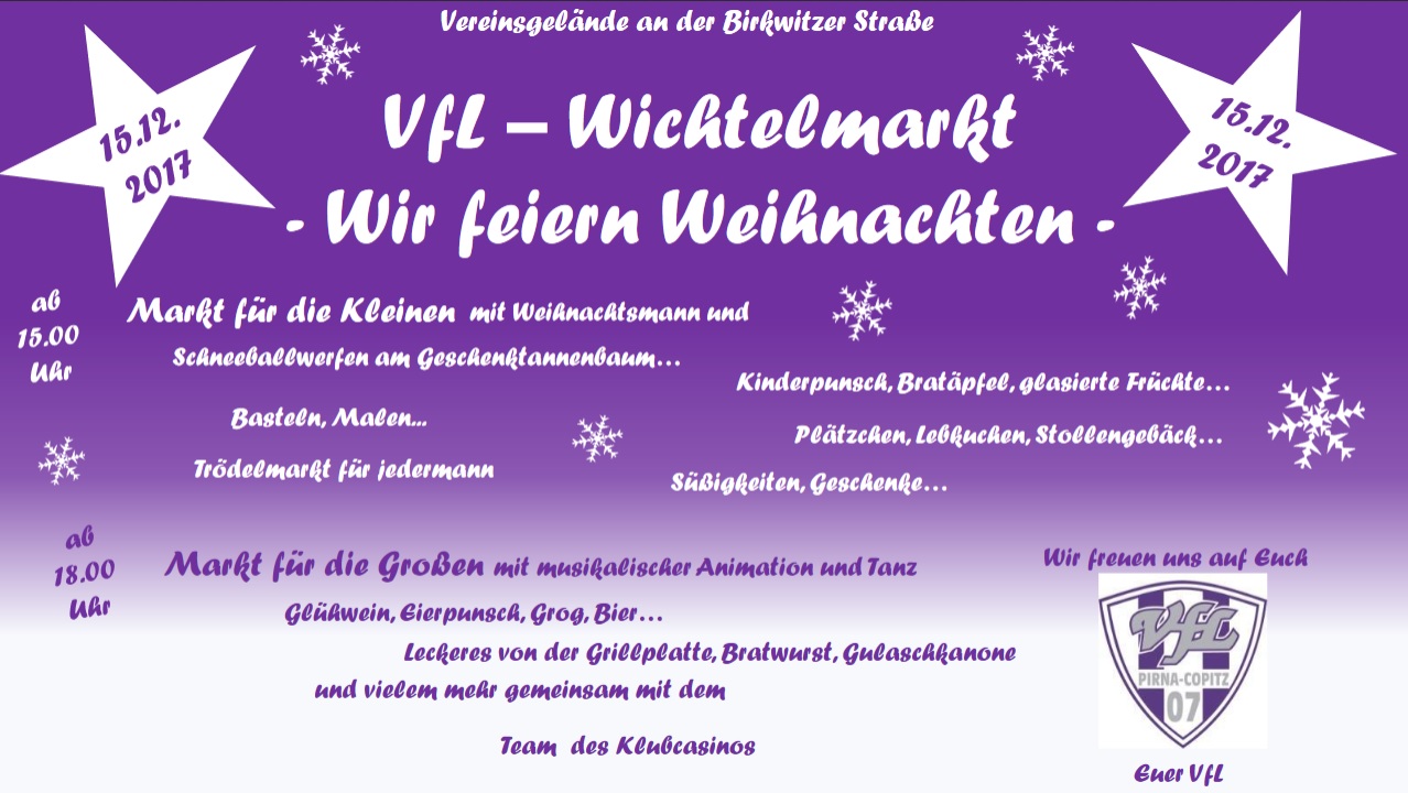 Am Freitag, den 15. Dezember, lädt der VfL Pirna ab 15 Uhr zum Wichtelmarkt ein. Grafik: VfL