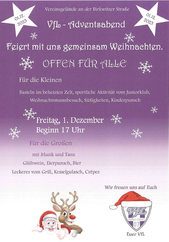 Ein weihnachtliches Miteinander: Am 1. Dezember 2023, findet ab 17 Uhr der VfL-Adventsabend im Willy-Tröger-Stadion statt. Grafik: VfL