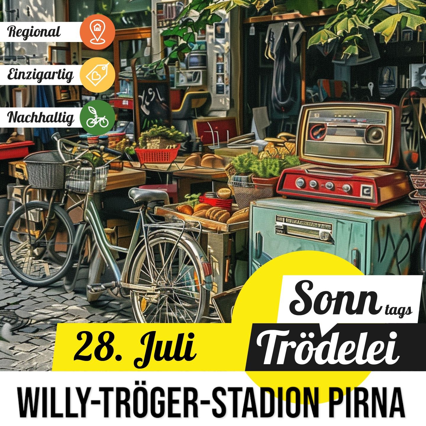 Regional – einzigartig – nachhaltig: Unter diesem Motto lädt der VfL Pirna-Copitz am 28. Juli 2024 erstmals zur großen „Sonntagströdelei“ ins Willy-Tröger-Stadion ein. Grafik: VfL/jf