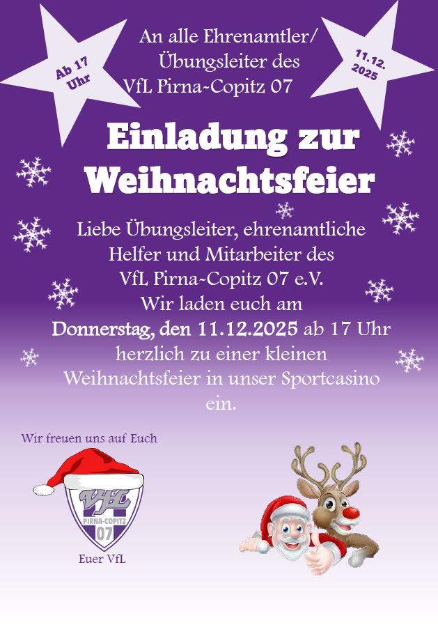 Der VfL Pirna-Copitz lädt am 11. Dezember 2025 zu einer Weihnachtsfeier ein. Grafik: VfL/rm