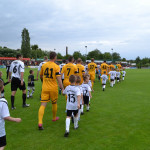Die Teams von Pirna-Copitz und Dynamo Dresden laufen mit VfL-Nachwuchsspielern auf das Feld.