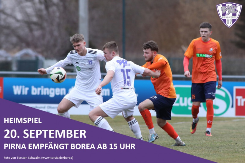 Der VfL Pirna-Copitz empfängt den SC Borea Dresden am 20. September 2025, 15 Uhr. Foto: Torsten Schwalm/Grafik: VfL/rz